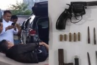 Kolase foto saat tersangka dievakuasi guna penanganan medis dan barang bukti senjata api, peluru aktif dan kunci T berikut anaknya | ist/Media Prioritastv.com.