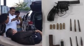 Kolase foto saat tersangka dievakuasi guna penanganan medis dan barang bukti senjata api, peluru aktif dan kunci T berikut anaknya | ist/Media Prioritastv.com.