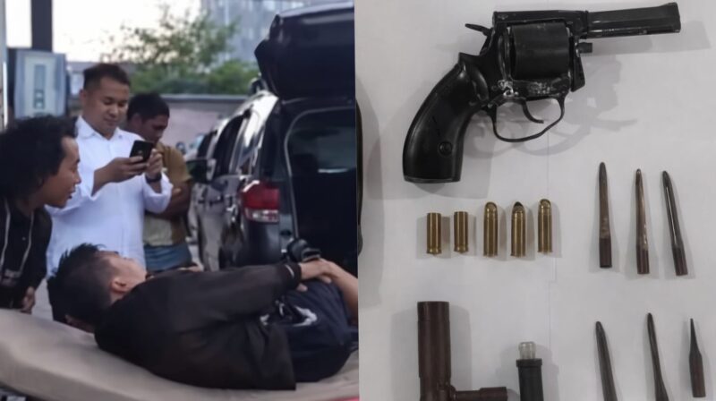 Kolase foto saat tersangka dievakuasi guna penanganan medis dan barang bukti senjata api, peluru aktif dan kunci T berikut anaknya | ist/Media Prioritastv.com.