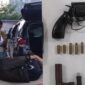 Kolase foto saat tersangka dievakuasi guna penanganan medis dan barang bukti senjata api, peluru aktif dan kunci T berikut anaknya | ist/Media Prioritastv.com.
