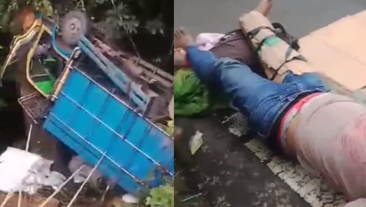 Kolase foto truk yang tergelincir dan sopir yang menunggu evakuasi ambulans, usai kecelakaan pada Minggu 15 Februari 2026, pagi | ist/Media Prioritastv.com.