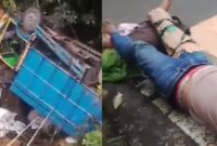 Kolase foto truk yang tergelincir dan sopir yang menunggu evakuasi ambulans, usai kecelakaan pada Minggu 15 Februari 2026, pagi | ist/Media Prioritastv.com.