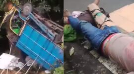 Kolase foto truk yang tergelincir dan sopir yang menunggu evakuasi ambulans, usai kecelakaan pada Minggu 15 Februari 2026, pagi | ist/Media Prioritastv.com.