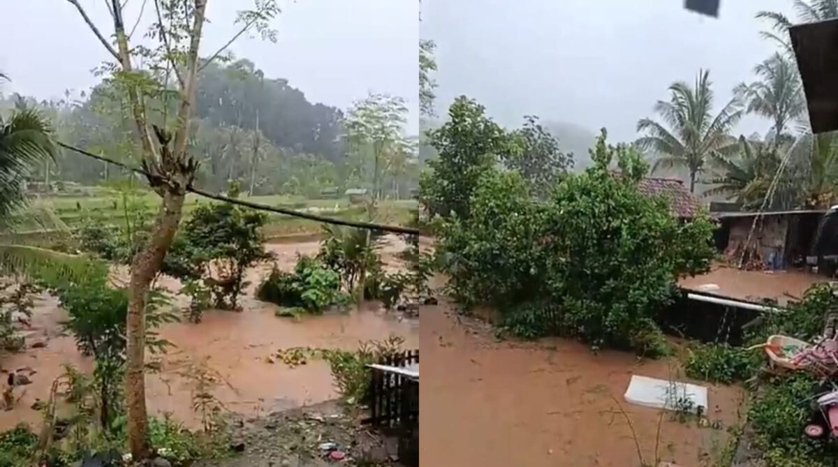 Kolase foto air sungai Way Ilahan yang meluap melibas kolam dan pesawahan warga di Pekon Bakoman, Pulau Panggung, Tanggamus, Senin 16 Februari 2026 | ist/Media Prioritastv.com.