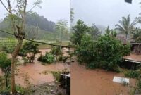 Kolase foto air sungai Way Ilahan yang meluap melibas kolam dan pesawahan warga di Pekon Bakoman, Pulau Panggung, Tanggamus, Senin 16 Februari 2026 | ist/Media Prioritastv.com.