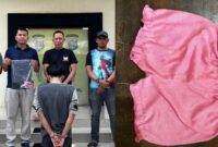 Kolase foto tersangka usai ditangkap sebelum dijebloskan penjara, Selasa 17 Februari 2026 dan salah satu barang bukti celana balita yang diamankan dari kantong tersangka | ist/Media Prioritastv.com.
