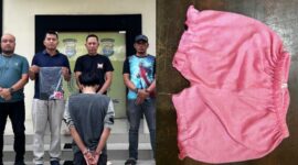 Kolase foto tersangka usai ditangkap sebelum dijebloskan penjara, Selasa 17 Februari 2026 dan salah satu barang bukti celana balita yang diamankan dari kantong tersangka | ist/Media Prioritastv.com.