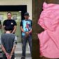 Kolase foto tersangka usai ditangkap sebelum dijebloskan penjara, Selasa 17 Februari 2026 dan salah satu barang bukti celana balita yang diamankan dari kantong tersangka | ist/Media Prioritastv.com.
