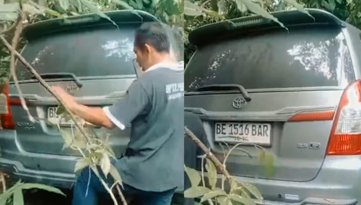 Kolase foto saat mobil Toyota Innova Nopol BE 1516 BAR ditemukan warga berada di semak-semak sekitar 15 meter di pinggir jalan, Senin 16 Februari 2026 | ist/Media Prioritastv.com.