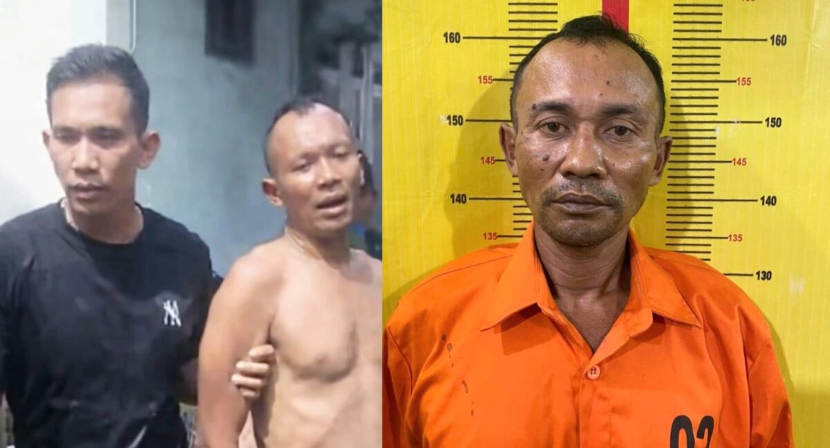 Kolase foto saat Tusimin baru ditangkap di kediamannya dan saat berada di Polsek Sukoharjo, Rabu 18 Februari 2026 | Dok. Humas Polres Pringsewu.