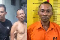 Kolase foto saat Tusimin baru ditangkap di kediamannya dan saat berada di Polsek Sukoharjo, Rabu 18 Februari 2026 | Dok. Humas Polres Pringsewu.
