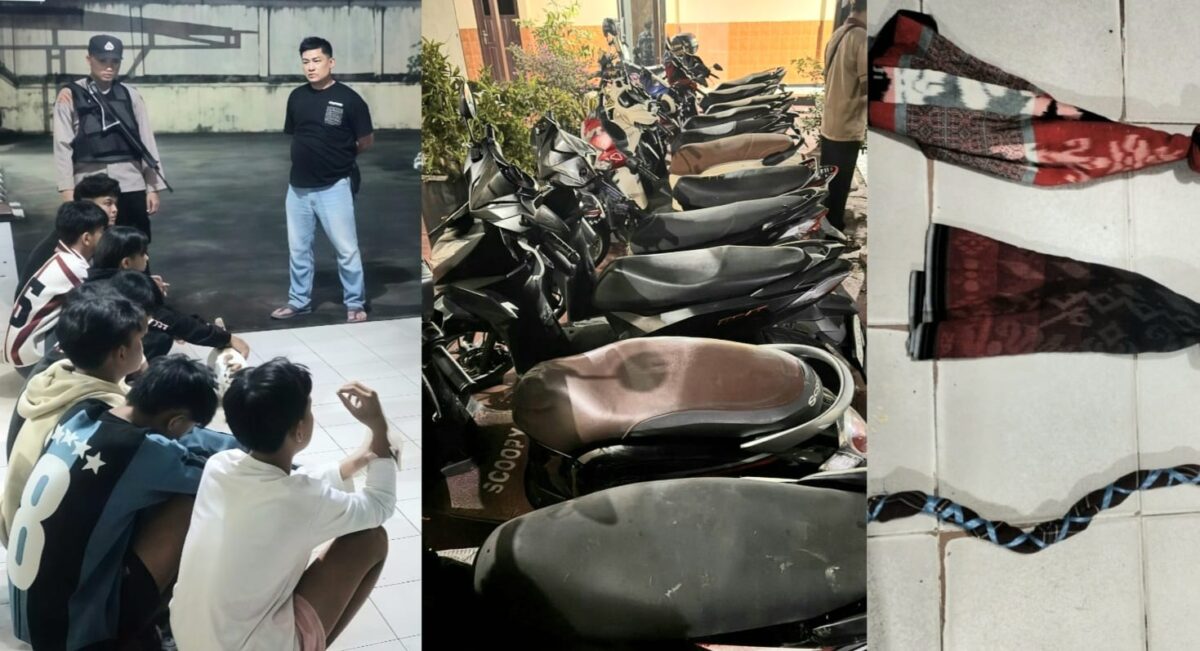 Kolase foto saat para remaja yang diamankan Polsek Pringsewu Kota berikut barang bukti sepeda motor dan sarung yang telah di modifikasi, Minggu 22 Februari 2026 | Dok. Humas Polres Pringsewu.
