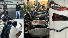 Kolase foto saat para remaja yang diamankan Polsek Pringsewu Kota berikut barang bukti sepeda motor dan sarung yang telah di modifikasi, Minggu 22 Februari 2026 | Dok. Humas Polres Pringsewu.