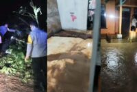 Kolase foto saat polisi melakukan identifikasi longsoran di jalan Pekon Sinar Jawa dan paska banjir serta ketika banjir di Pekon Datar Lebuay, Air Naningan, Tanggamus, Minggu 22 Februari 2026, malam | ist/Media Prioritastv.com.