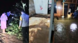 Kolase foto saat polisi melakukan identifikasi longsoran di jalan Pekon Sinar Jawa dan paska banjir serta ketika banjir di Pekon Datar Lebuay, Air Naningan, Tanggamus, Minggu 22 Februari 2026, malam | ist/Media Prioritastv.com.