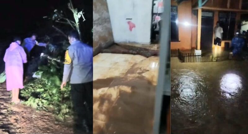 Kolase foto saat polisi melakukan identifikasi longsoran di jalan Pekon Sinar Jawa dan paska banjir serta ketika banjir di Pekon Datar Lebuay, Air Naningan, Tanggamus, Minggu 22 Februari 2026, malam | ist/Media Prioritastv.com.