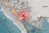 Titik gempa darat yang menguncang Tanggamus, Lampung, Senin 23 Februari 2026, malam | Dok. BMKG Lampung.