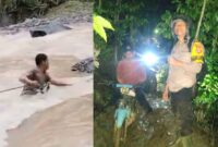 Kolase foto saat petugas menyebrangi sungai ketika evakuasi korban dan saat melintasi jalan hutan di wilayah Ulu Belu, Tanggamus, Senin 23 Februari 2026 | Dok. ist/Media Prioritastv.com.