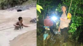 Kolase foto saat petugas menyebrangi sungai ketika evakuasi korban dan saat melintasi jalan hutan di wilayah Ulu Belu, Tanggamus, Senin 23 Februari 2026 | Dok. ist/Media Prioritastv.com.