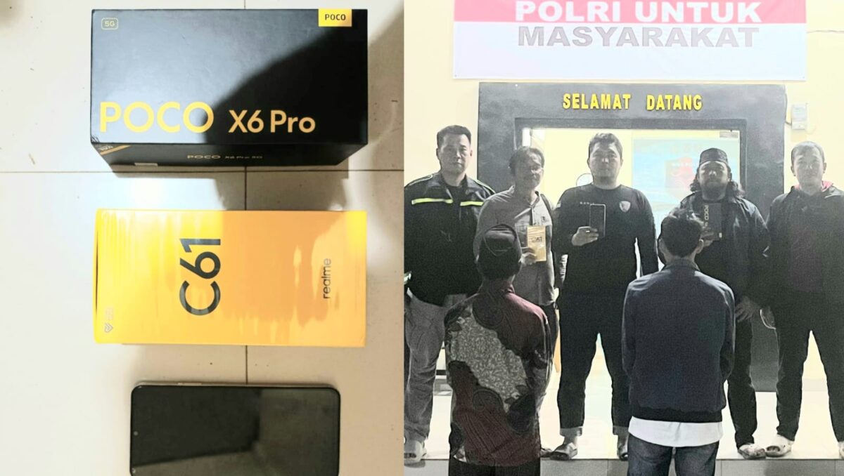 Kolase foto barang bukti handphone yang diamankan dan saat kedua tersangka sebelum dijebloskan ke sel tahanan, Rabu 25 Februari 2026 | Dok. Humas Polres Tanggamus.