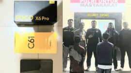 Kolase foto barang bukti handphone yang diamankan dan saat kedua tersangka sebelum dijebloskan ke sel tahanan, Rabu 25 Februari 2026 | Dok. Humas Polres Tanggamus.