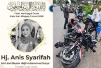 Kolase foto flyer ucapan duka meninggalnya istri bos rokok HS dan kondisi moge yang ditumpanginya usai kecelakaan, Minggu 1 Maret 2026 | ist/Media Prioritastv.com.