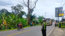 Pemotongan dahan kering di Jalan Lintas Barat Talang  Padang oleh PLN bersama Sat Lantas Polres Tanggamus, Rabu 4 Maret 2026 | Asrul Ariski/Media Prioritastv.com.