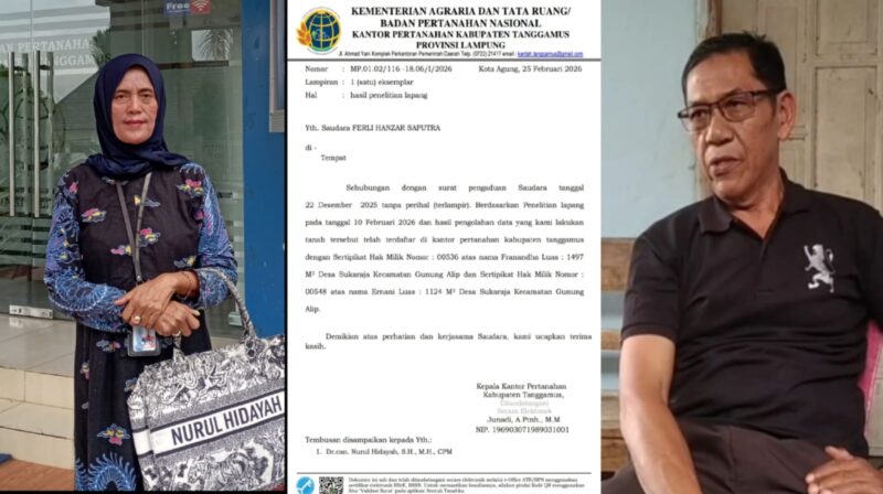 Kolase foto saat Advokat Nurul Hidayah selaku penasehat hukum Ferli Hanzar Saputra dan surat BPN serta Kakon Sukaraja Hernidi ketika memberikan penjelasan, Rabu 4 Maret 2026 | ist/Media Prioritastv.com.