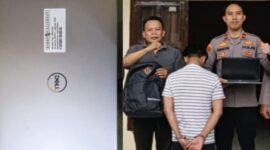Kolase foto laptop milik PT Barry Callebaut Papandayan Tanggamus yang berhasil diamankan dan sebelum tersangka dijebloskan sel tahanan, Minggu 8 Maret 2026 | Dok. Humas Polres Tanggamus.