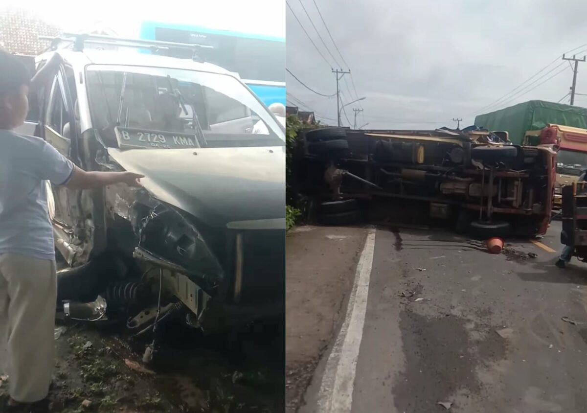 Kolase foto mobil avanza dalam keadaan rusak dan truk yang terguling sebelum dievakuasi usai kecelakaan, Minggu 8 Maret 2026 | ist/Media Prioritastv.com.