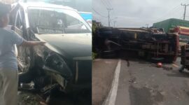 Kolase foto mobil avanza dalam keadaan rusak dan truk yang terguling sebelum dievakuasi usai kecelakaan, Minggu 8 Maret 2026 | ist/Media Prioritastv.com.