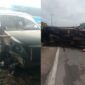 Kolase foto mobil avanza dalam keadaan rusak dan truk yang terguling sebelum dievakuasi usai kecelakaan, Minggu 8 Maret 2026 | ist/Media Prioritastv.com.