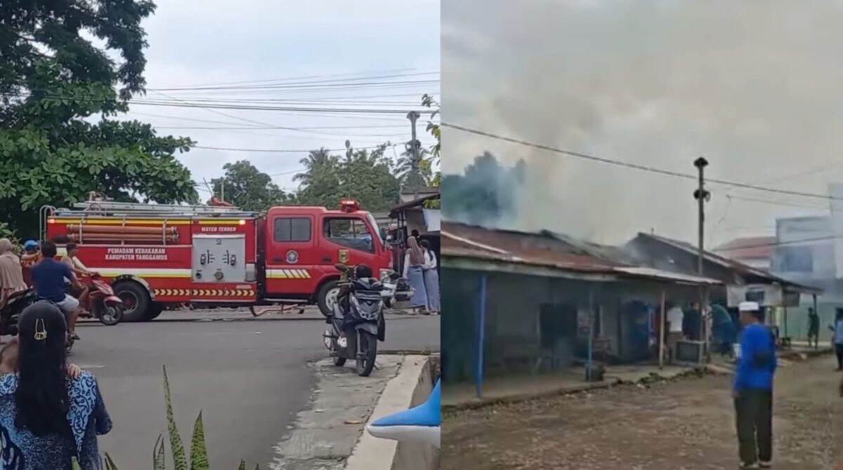 Kolase foto mobil Damkar yang tiba di lokasi dan saat asap mengepul ketika warga memadamkan dengan air seadanya, Senin 9 Maret 2026 | ist/Media Prioritastv.com.