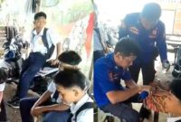 Kolase foto saat para pelajar SMP mendatangi Pos Damkar Pulau Panggung dan saat pelepasan cincin pelajar SMP setempat, Selasa 10 Maret 2026 | Dok. Damkarmat Tanggamus.