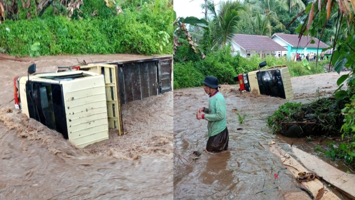 Kondisi truk yang terseret banjir Way Sampang Turus, Wonosobo, Tanggamus, Kamis 12 Maret 2026 | ist/Media Prioritastv.com.
