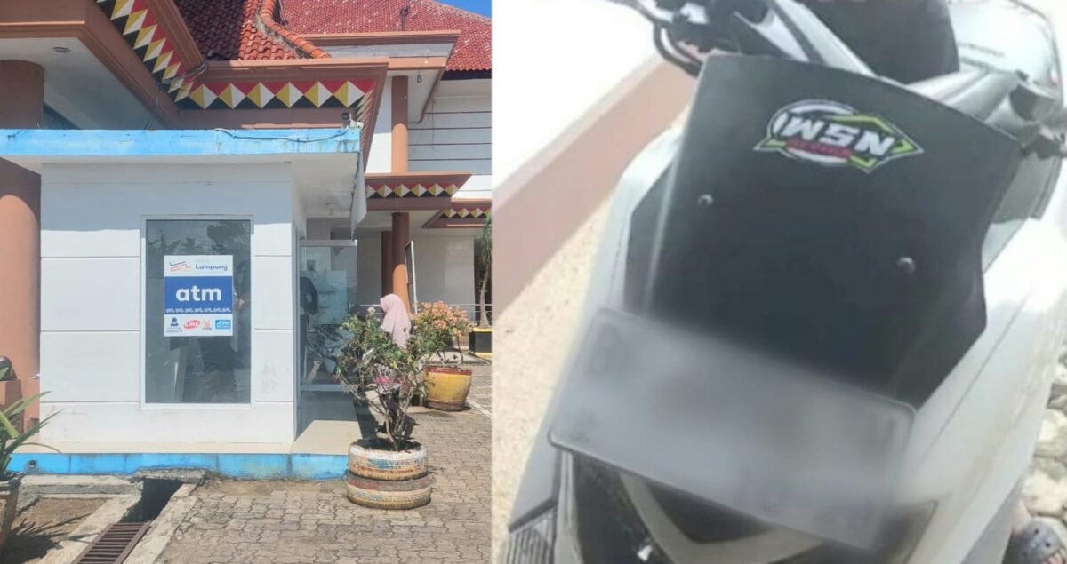 Kolase foto ATM Bank Lampung di Pemkab Tanggamus dan sepeda motor NMax yang tertukar pemotor lain, Jumat 13 Maret 2026 | ist/Media Prioritastv.com.