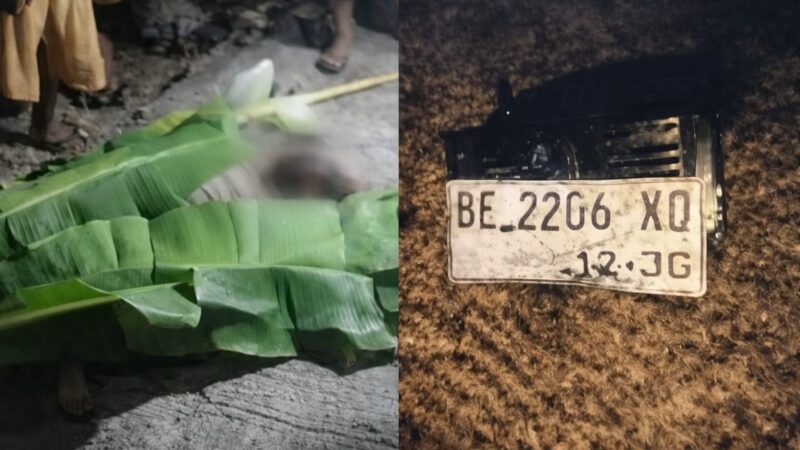 Kolase foto saat korba  tergelat ditutupi daun pisang dan plat sepeda motor yang dikabarkan kecelakaan di Dusun Sumbersari, Pekon Sumber Agung, Ngambur, Pesisir Barat, Sabtu 14 Maret 2026, malam | ist/Media Prioritastv.com.
