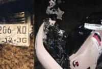 Kolase foto plat nomor polisi dan kondisi sepeda motor yang mengalami kerusakan parah usai kecelakaan, Sabtu 14 Maret 2026, malam | ist/Media Prioritastv.com.