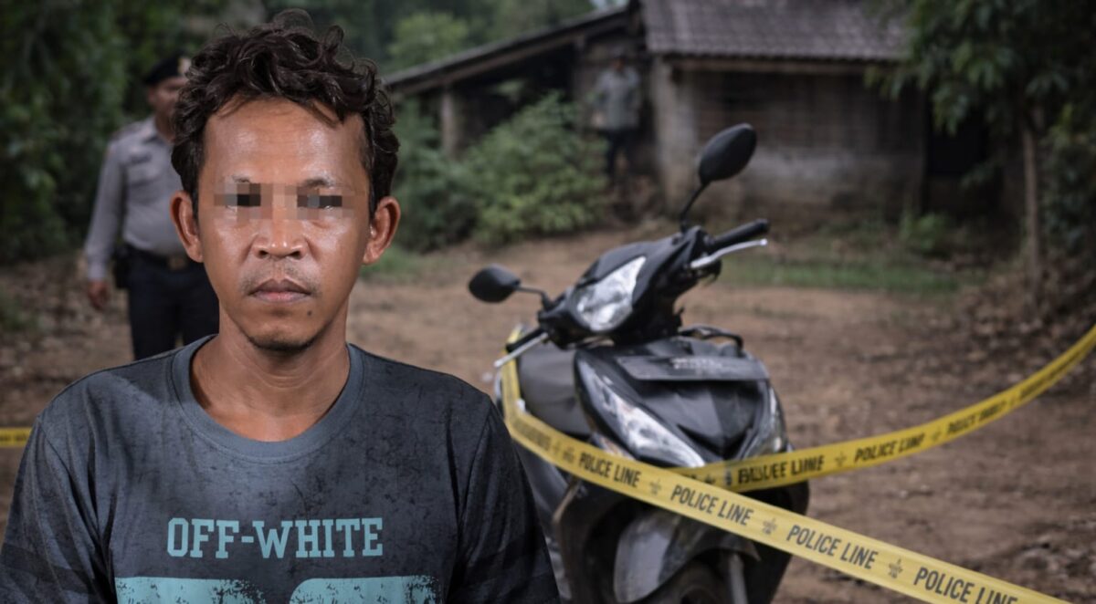 Tersangka DI yang berhasil ditangkap dan ilustrasi motor sewa yang digadaikannya.
