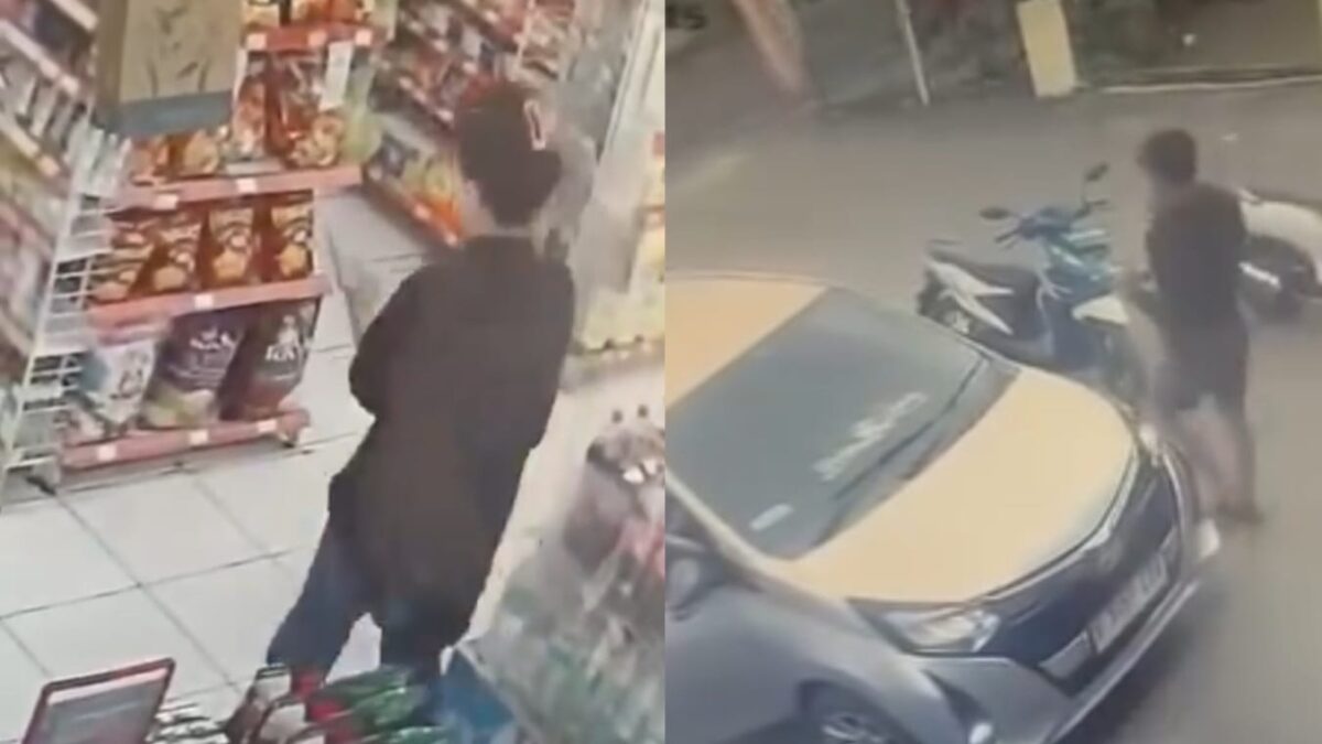 Kolase foto saat ibu muda mengambil handphone karyawan gerai Alfamart Banjar Negeri, Gunung Alip, Tanggamus dan mobil yang dinaiki bersama diduga suaminya, Kamis 26 Maret 2026 | Dok. Tangkapan Layar Video.