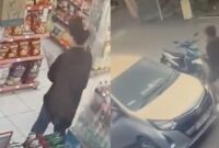 Kolase foto saat ibu muda mengambil handphone karyawan gerai Alfamart Banjar Negeri, Gunung Alip, Tanggamus dan mobil yang dinaiki bersama diduga suaminya, Kamis 26 Maret 2026 | Dok. Tangkapan Layar Video.