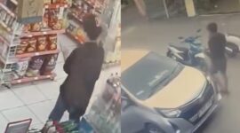 Kolase foto saat ibu muda mengambil handphone karyawan gerai Alfamart Banjar Negeri, Gunung Alip, Tanggamus dan mobil yang dinaiki bersama diduga suaminya, Kamis 26 Maret 2026 | Dok. Tangkapan Layar Video.