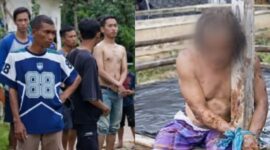 Kolase foto saat warga menonton diamankannya oknum ustad dan saat oknuk tersebut diikat warga di tiang gardu Desa Pisang Sambo, Kecamatan Tirtajaya, Karawang, Jawa Barat, Kamis 26 Maret 2026 | Dok. Tangkapan Layar Video.