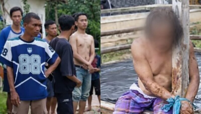 Kolase foto saat warga menonton diamankannya oknum ustad dan saat oknuk tersebut diikat warga di tiang gardu Desa Pisang Sambo, Kecamatan Tirtajaya, Karawang, Jawa Barat, Kamis 26 Maret 2026 | Dok. Tangkapan Layar Video.