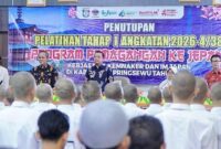 Bupati Pringsewu Riyanto Pamungkas saat menutup Pelatihan Tahap I Program Pemagangan ke Jepang Tahun 2026 yang merupakan hasil kerja sama dengan Kementerian Ketenagakerjaan RI dan IM Japan, Kamis 26 Maret 2026 | Samuel/Media Prioritastv.com.