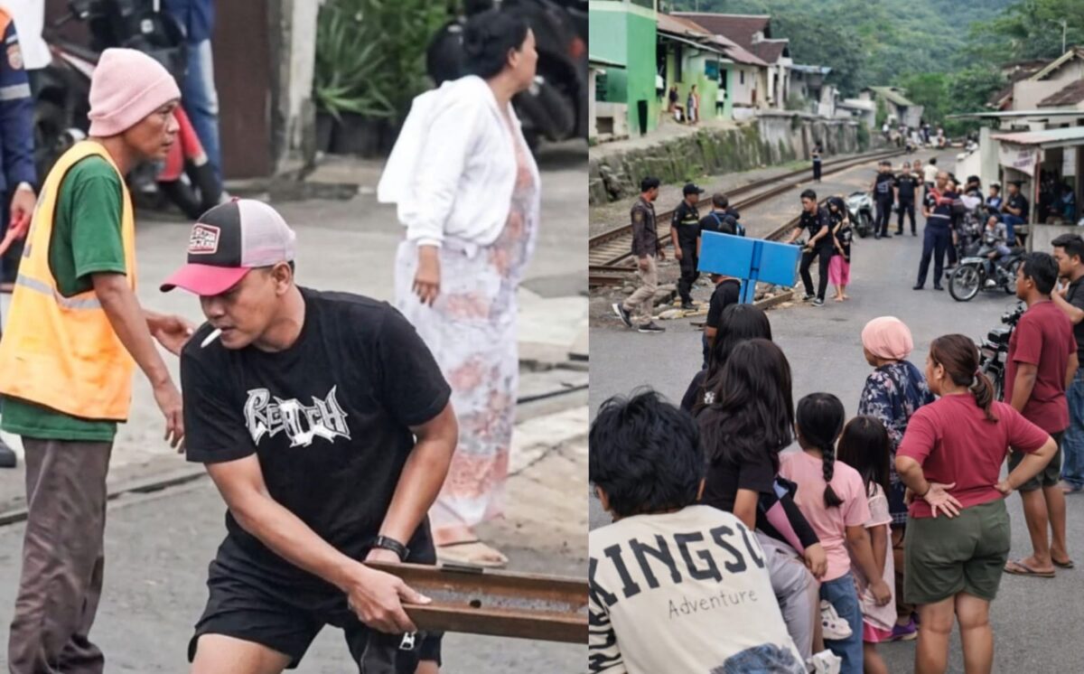 Kolase foto saat seorang warga mengangkat besi dan sejumlah warga melakukan perbuatan serupa, Rabu 25 Maret 2026 | Dok. Tangkapan Layar.