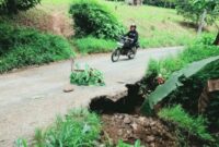 Penampakan jalan amblas di Pekon Pulau Panggung, Tanggamus menuju 6 Pekon di Kecamatan Pulau Panggung, Selasa 31 Maret 2026 | Mustar Aripin/Media Prioritastv.com.