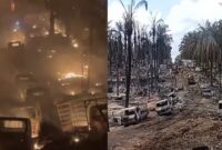 Kolase foto saat peristiwa kebakaran dan usai api padam di lokasi HGU PT Hidoli Desa Tanjung Dalam Kecamatan Keluang Kabupaten Banyuasin, Sumatera Selatan |