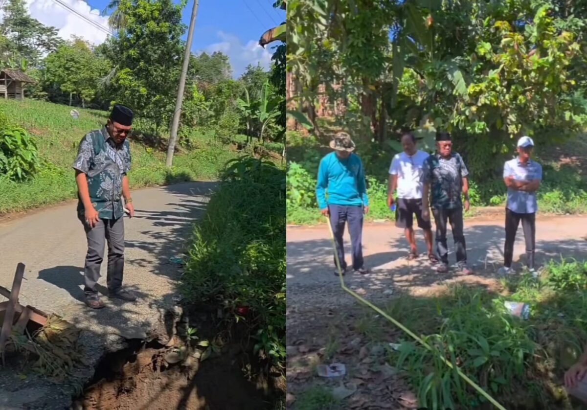 Kolase foto Anggota DPRD Tanggamus Irsi Jaya saat meninjau jalan ambrol penghubung 6 pekon yang berada di Pekon Pulau Panggung, Kamis 2 April 2026 | ist/Media Prioritastv.com.