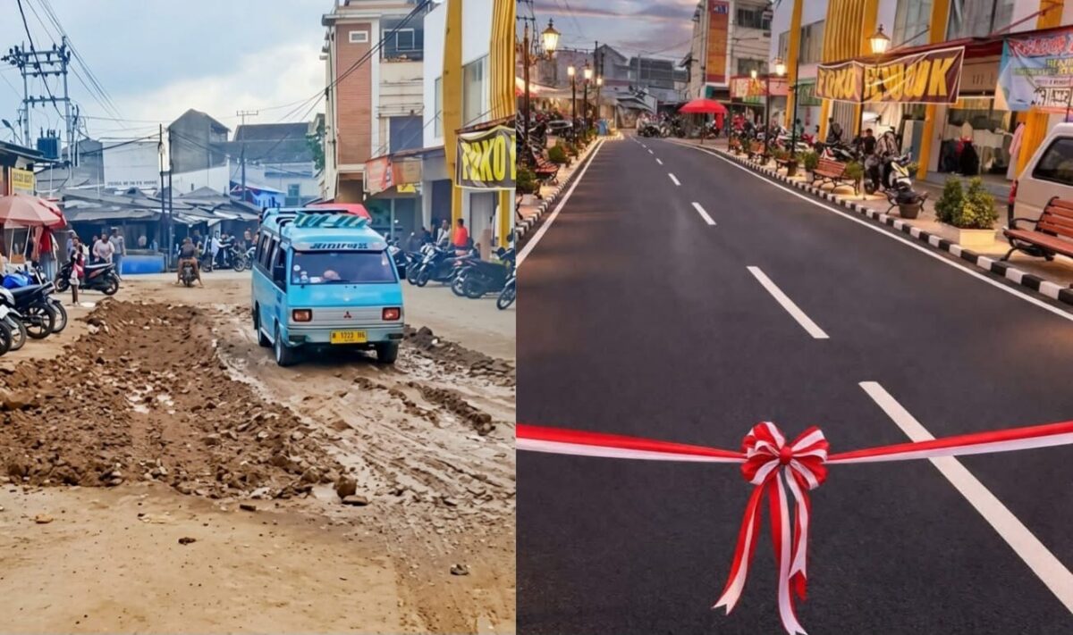 Kolase foto kondisi asli jalan Pasar Talang Padang saat dilintasi kendaraan dan hasil edit wargenet yang diunggah di media sosial, Sabtu 4 April 2026 |
